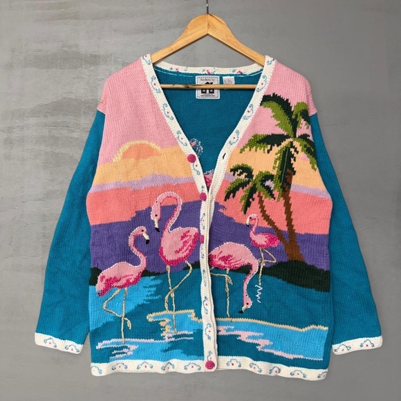 Storybook Knits Sweaters - Storybook Knits Vintage Flamingo Palm Tree Cardigan Sweater Blue Pink Large